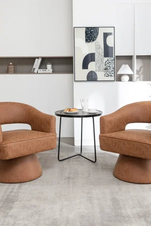 SEYNAR Modern Hollow Back PU Leather Accent Chair Set of 2, Upholstered Round Swivel Barrel Armchair for Living Room