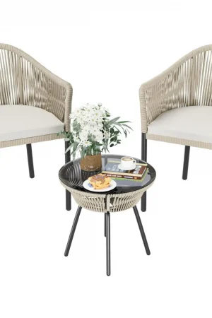 Patio Furniture Set 3 Pieces Rope Woven Bistro Set Outdoor Conversation Set with 2 Wide Chairs,Cushions and Tempered Glass Tabl