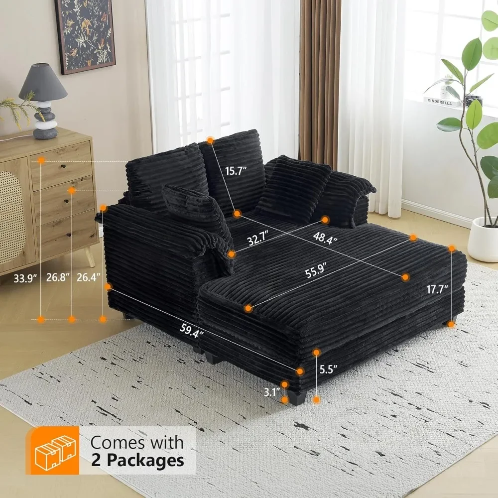 56" Oversized Chaise Lounge Chair, Black Comfy Corduroy Chaise Sofa Recliner Bed Upholstered Sleeper Couch Bed with Throw Pillow - Image 2