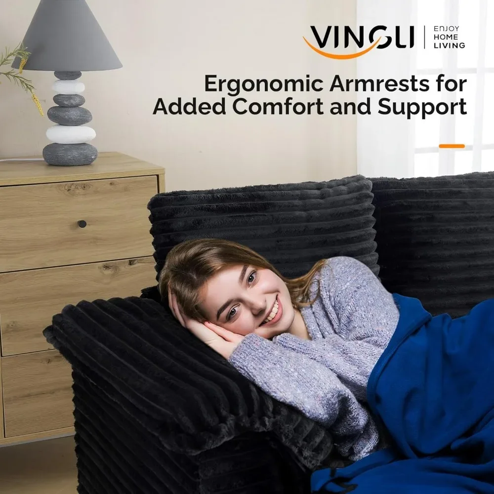 56" Oversized Chaise Lounge Chair, Black Comfy Corduroy Chaise Sofa Recliner Bed Upholstered Sleeper Couch Bed with Throw Pillow - Image 5