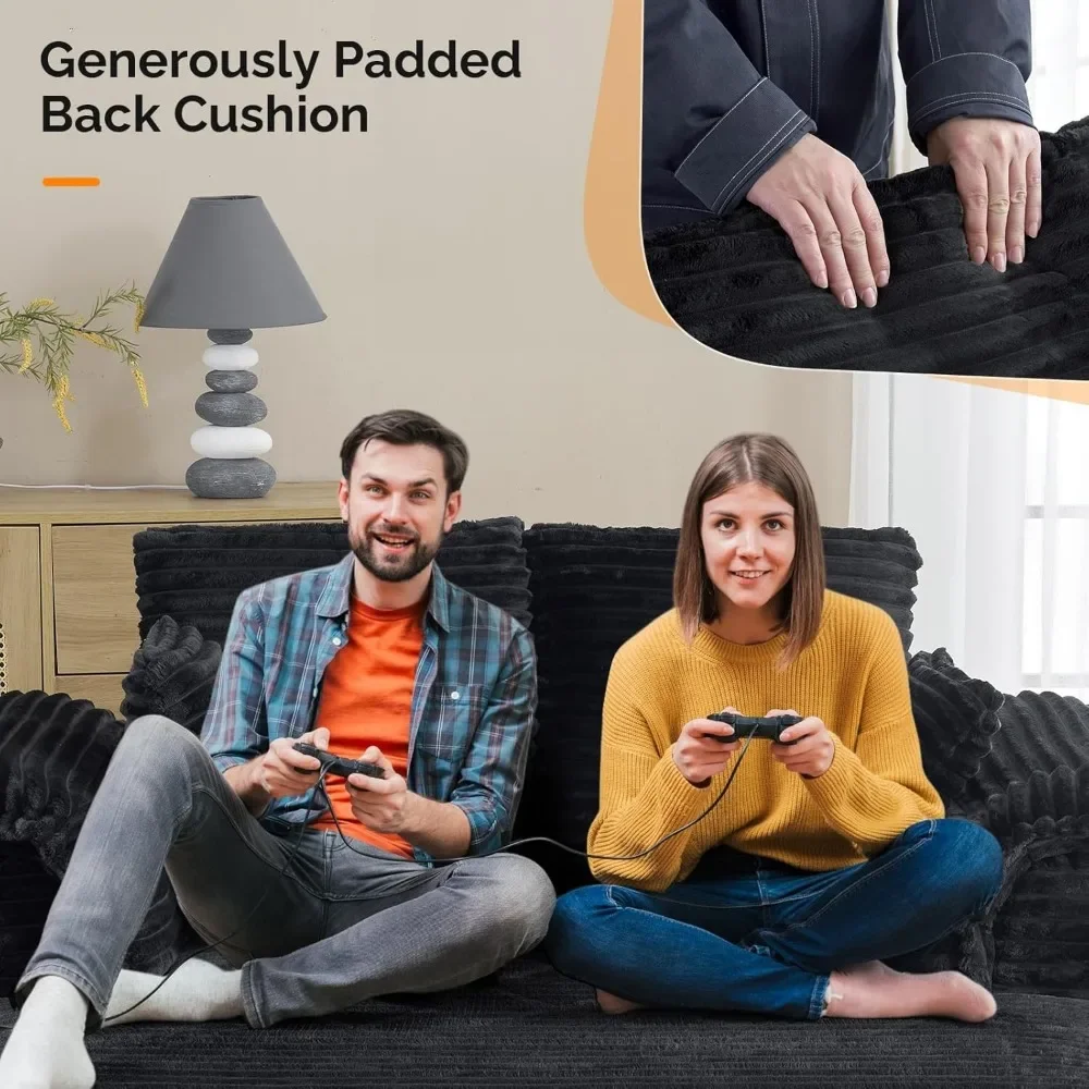 56" Oversized Chaise Lounge Chair, Black Comfy Corduroy Chaise Sofa Recliner Bed Upholstered Sleeper Couch Bed with Throw Pillow - Image 4