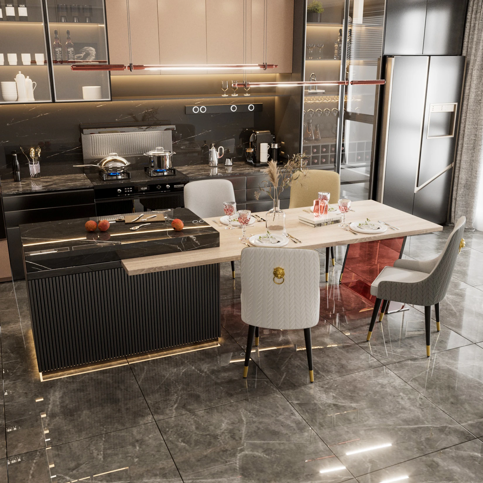 2-Piece Luxury Upholstered Dining Chairs High Tufted Back Lion Head Pull Ring Microfiber & Silicone Leather Kitchen Chairs - Image 4