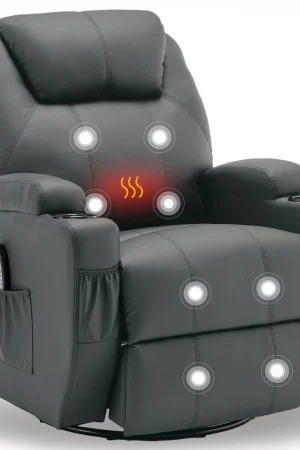 Recliner Chair with Massage and Heat, 360° Swivel Rocking Chairs for Adults, Remote Control and Cup Holder for Living Room
