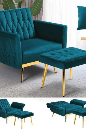 Velvet Accent Chair with Adjustable Armrests and Backrest, Button Tufted Lounge Chair, Single Recliner Armchair with Ottoman