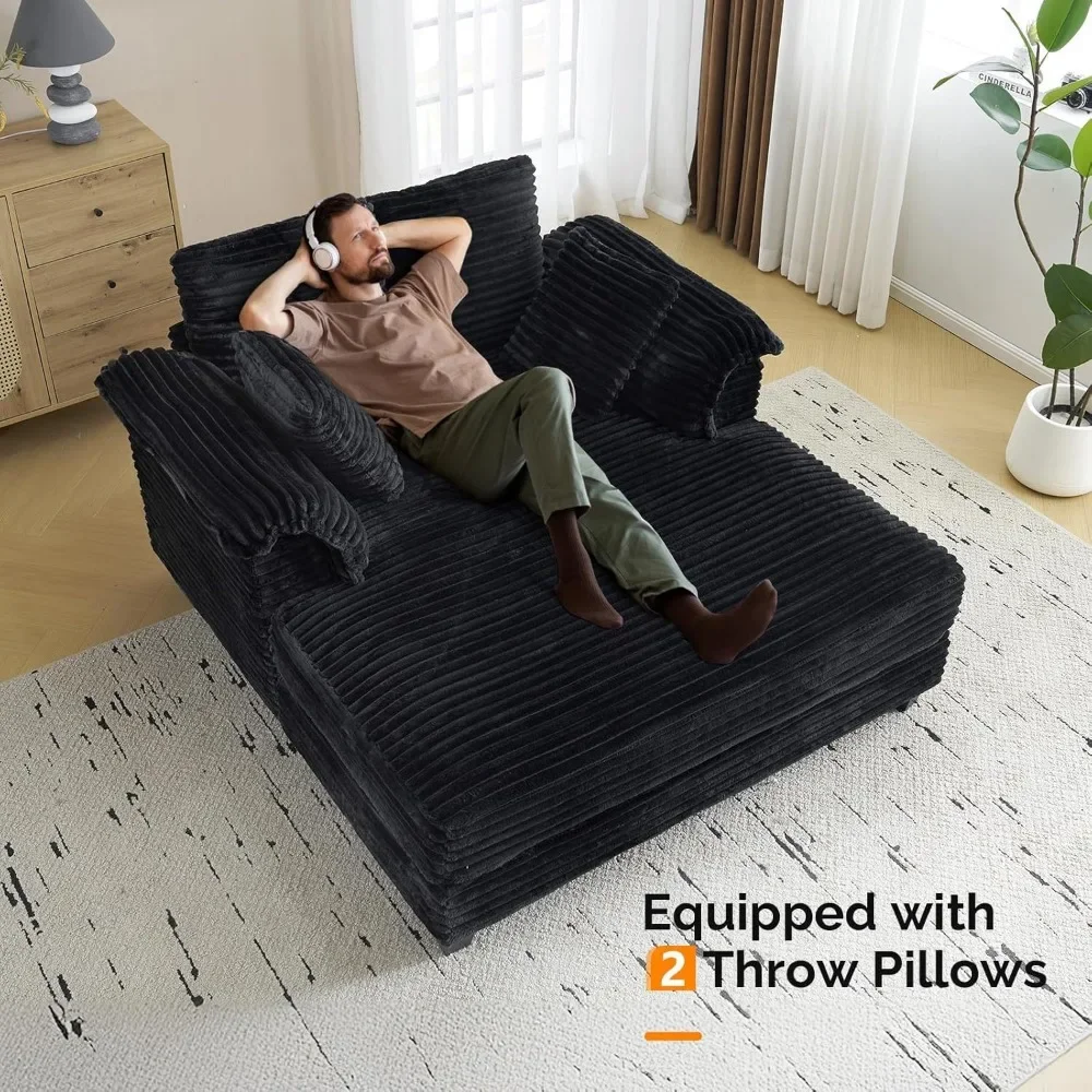 56" Oversized Chaise Lounge Chair, Black Comfy Corduroy Chaise Sofa Recliner Bed Upholstered Sleeper Couch Bed with Throw Pillow - Image 6
