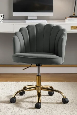 Velvet Home Office Desk Chair, Modern Upholstered Swivel Computer Task Chair with Shell Back & Gold Base, Height Adj