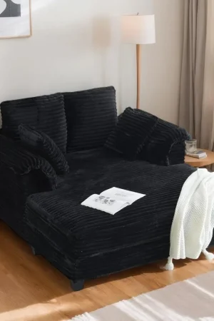 56" Oversized Chaise Lounge Chair, Black Comfy Corduroy Chaise Sofa Recliner Bed Upholstered Sleeper Couch Bed with Throw Pillow