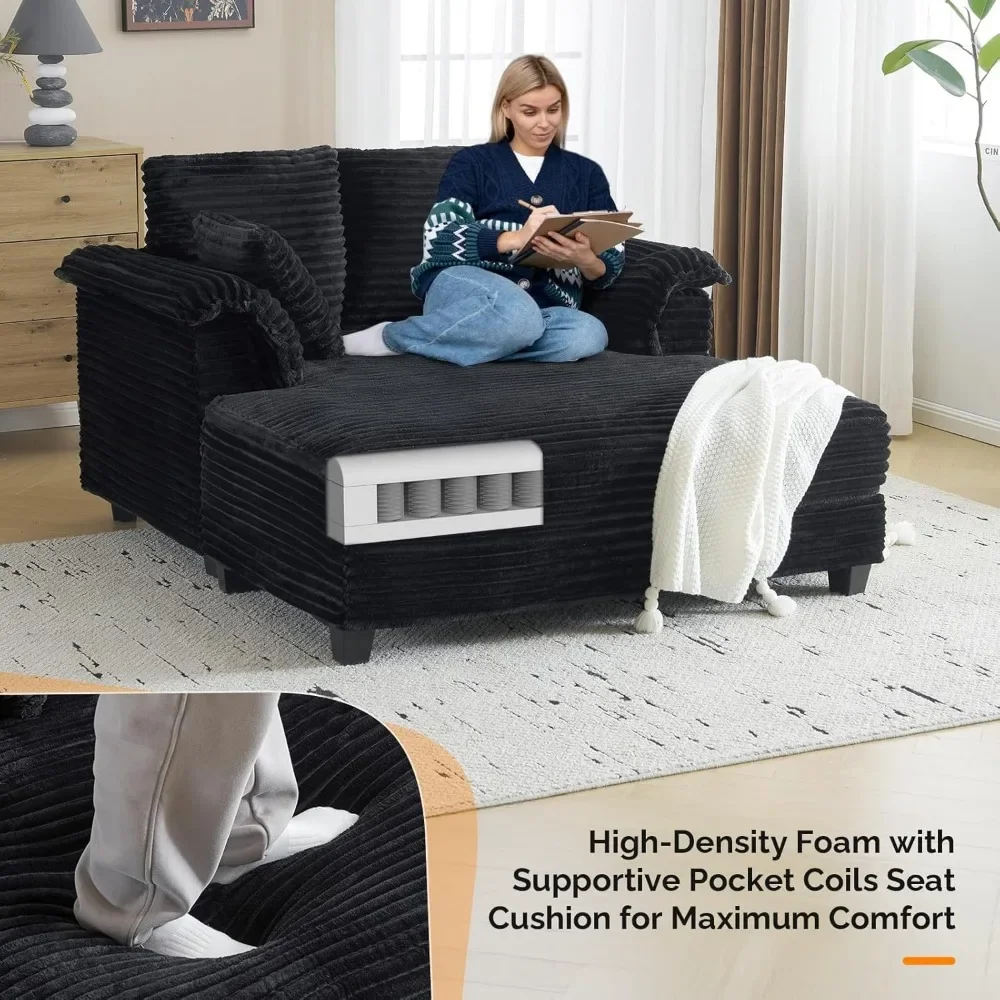 56" Oversized Chaise Lounge Chair, Black Comfy Corduroy Chaise Sofa Recliner Bed Upholstered Sleeper Couch Bed with Throw Pillow - Image 3