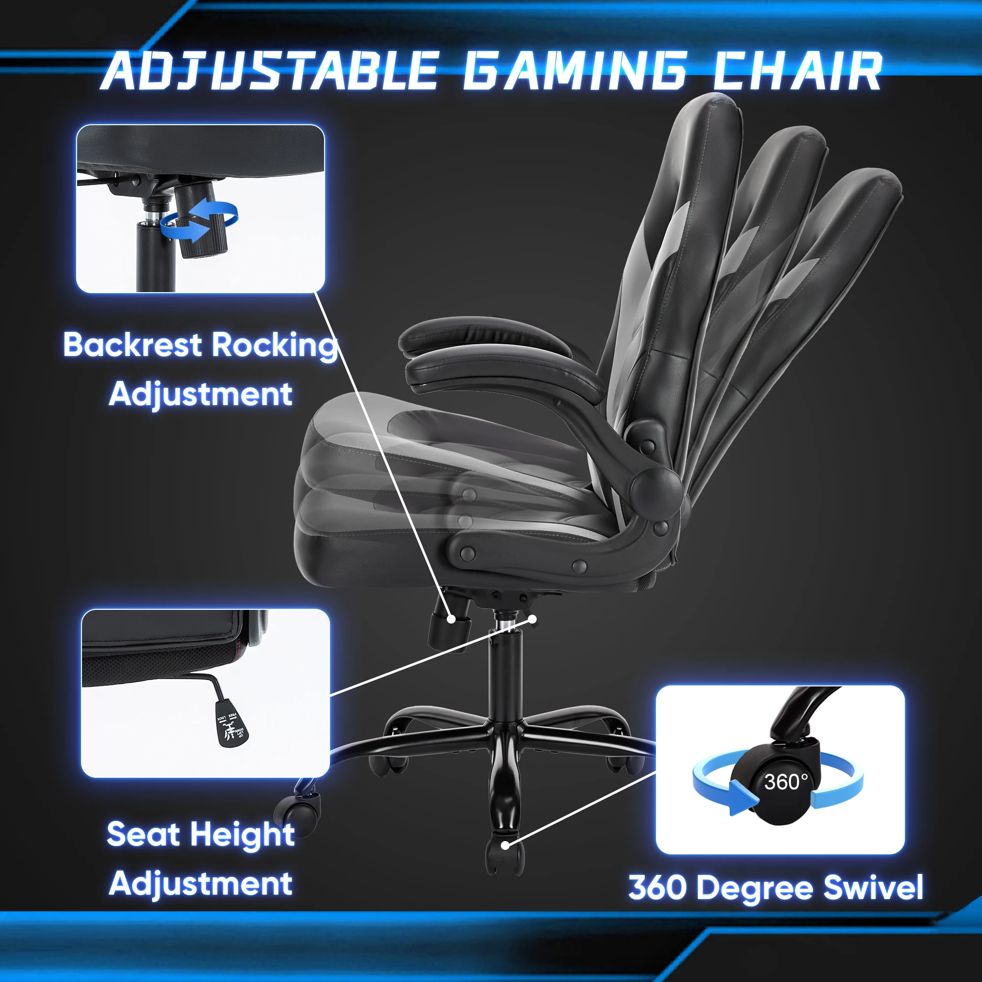 JHK Ergonomic Office Computer Home Gaming Desk Chair Adjustable PU Leather Racing Chair Flip-up Armrest For Christmas Furniture - Image 3